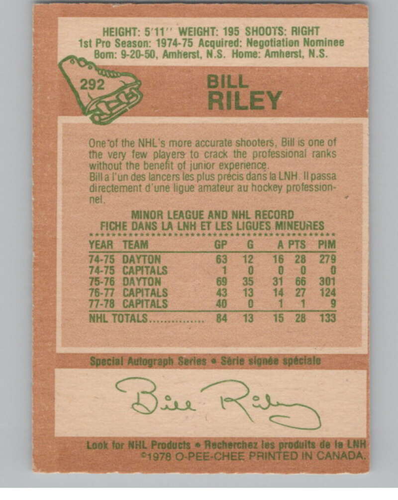 1978-79 O-Pee-Chee #292 Bill Riley  Hockey Washington Capitals  V104106 Image 2