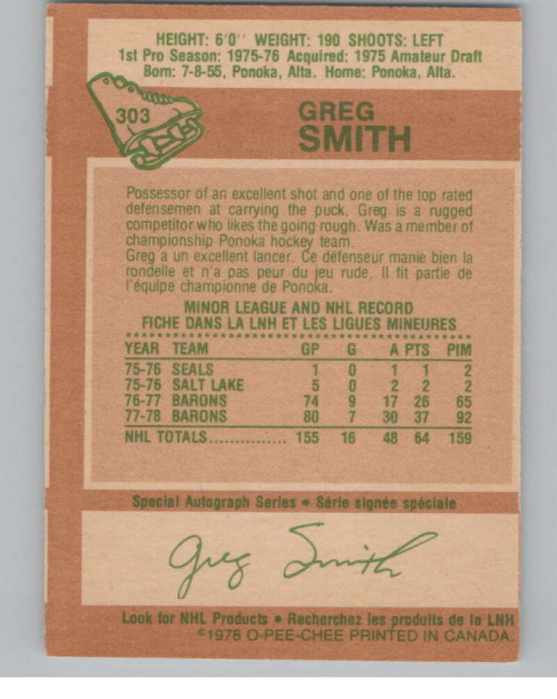 1978-79 O-Pee-Chee #303 Greg Smith  Hockey Minnesota North Stars  V104109 Image 2