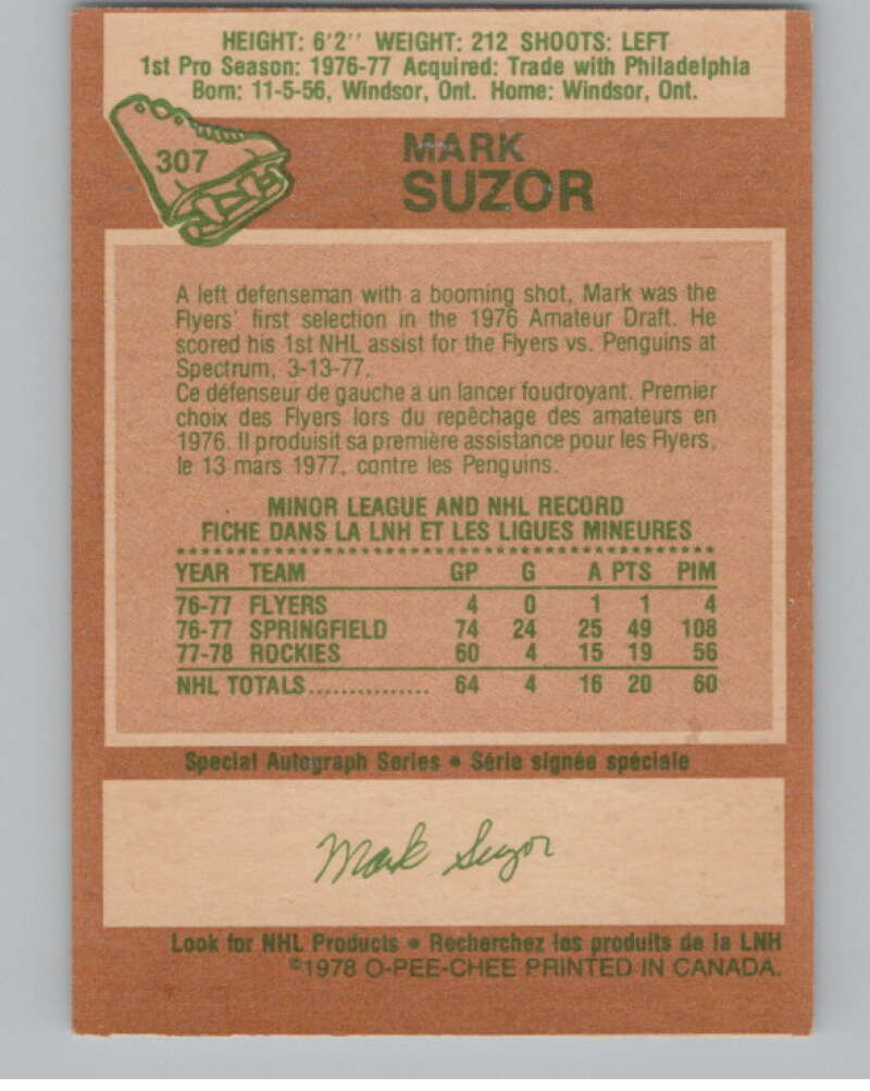 1978-79 O-Pee-Chee #307 Mark Suzor  Hockey RC Rookie Boston Bruins  V104110 Image 2