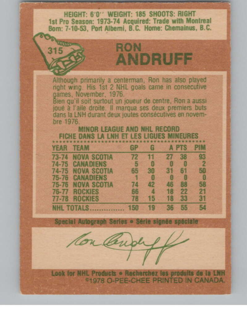 1978-79 O-Pee-Chee #315 Ron Andruff  Hockey Colorado Rockies  V104113 Image 2