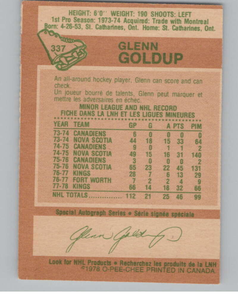 1978-79 O-Pee-Chee #337 Glenn Goldup  Hockey Los Angeles Kings  V104114 Image 2