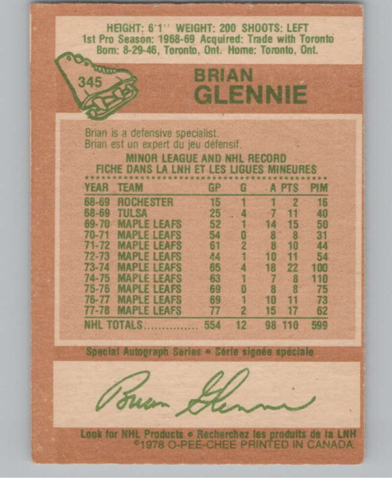 1978-79 O-Pee-Chee #345 Brian Glennie  Hockey Los Angeles Kings  V104117 Image 2