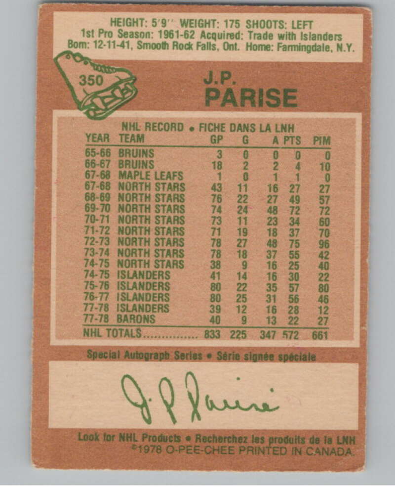 1978-79 O-Pee-Chee #350 J.P. Parise  Hockey Minnesota North Stars  V104120 Image 2