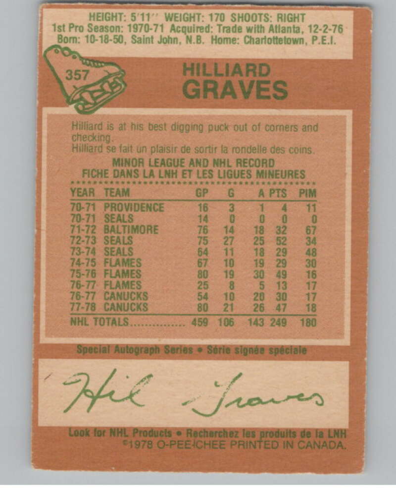 1978-79 O-Pee-Chee #357 Hilliard Graves  Hockey Vancouver Canucks  V104122 Image 2