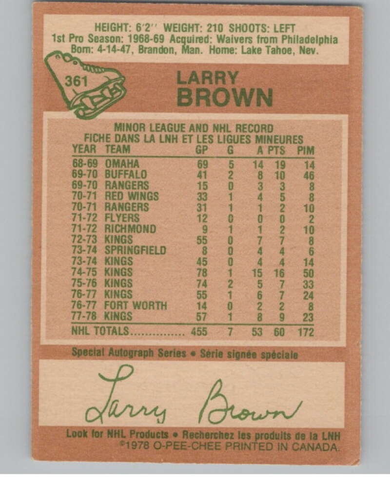 1978-79 O-Pee-Chee #361 Larry Brown  Hockey Los Angeles Kings  V104124 Image 2