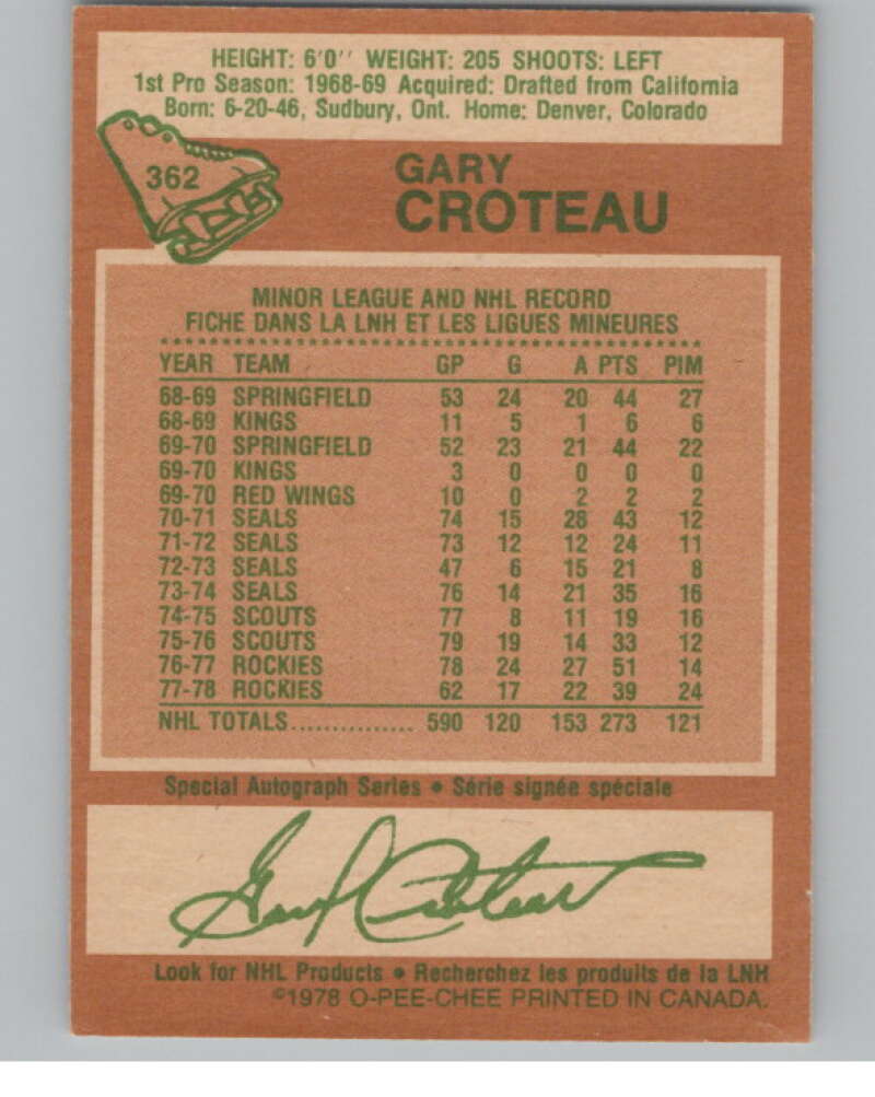 1978-79 O-Pee-Chee #362 Gary Croteau  Hockey Colorado Rockies  V104125 Image 2