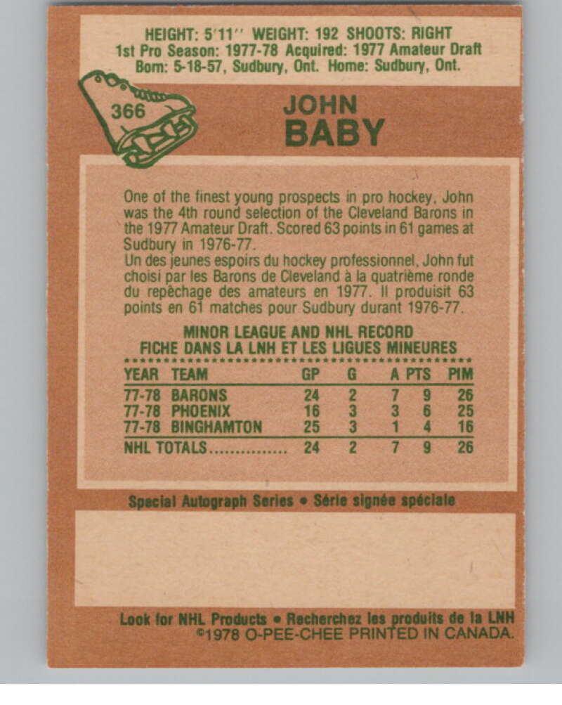 1978-79 O-Pee-Chee #366 John Baby  HockeyRC Rookie North Stars  V104126 Image 2