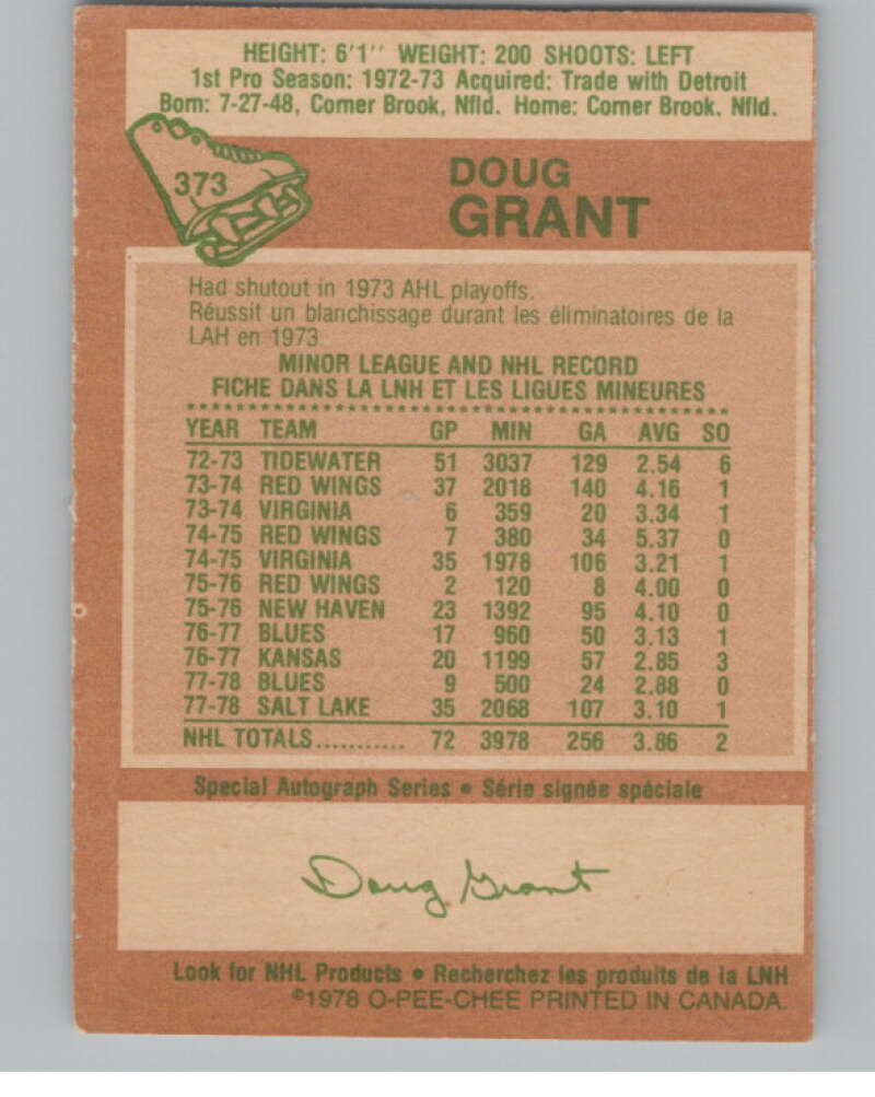 1978-79 O-Pee-Chee #373 Doug Grant  Hockey St. Louis Blues  V104128 Image 2
