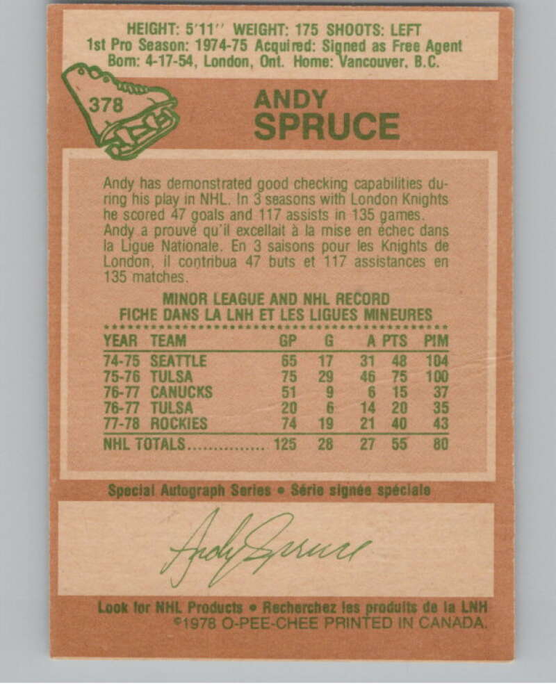 1978-79 O-Pee-Chee #378 Andy Spruce  Hockey RC Rookie Rockies  V104129 Image 2