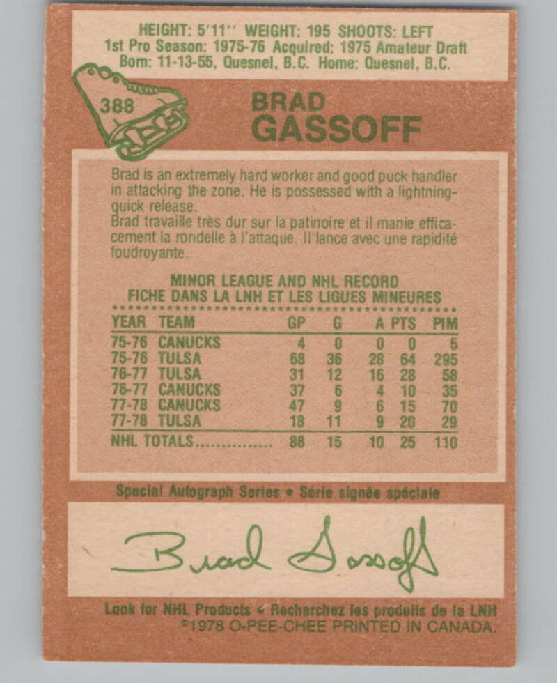 1978-79 O-Pee-Chee #388 Brad Gassoff  Hockey RC Rookie Canucks  V104131 Image 2