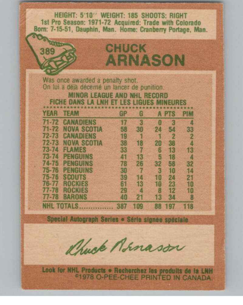 1978-79 O-Pee-Chee #389 Chuck Arnason  Hockey Minnesota Stars  V104132 Image 2