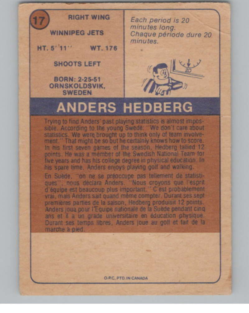 1974-75 O-Pee-Chee WHA #17 Anders Hedberg  RC Rookie Winnipeg Jets  V104135 Image 2