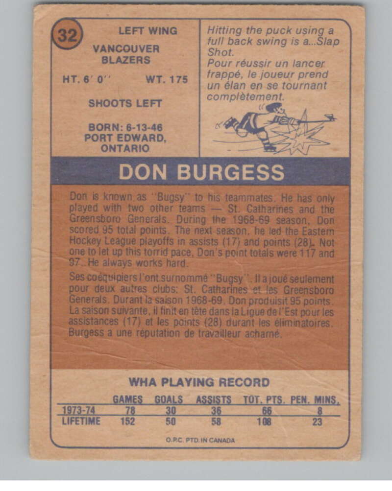 1974-75 O-Pee-Chee WHA #32 Don Burgess  RC Rookie Vancouver Blazers  V104136 Image 2
