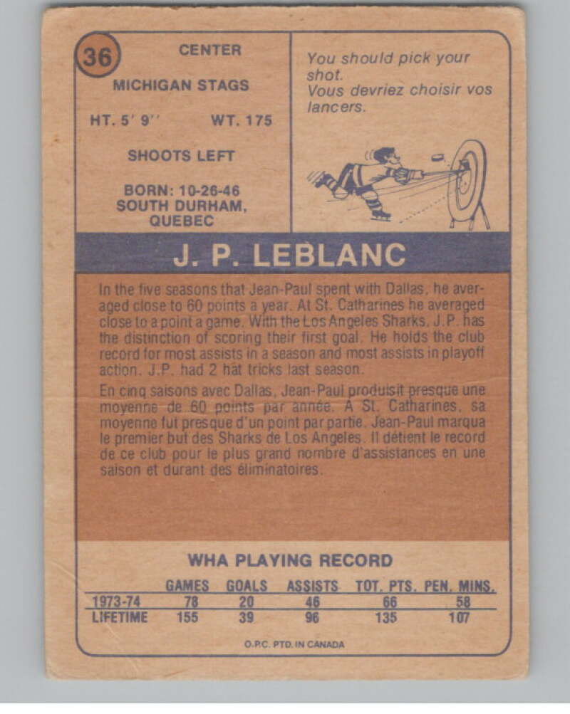 1974-75 O-Pee-Chee WHA #36 Jean-Paul LeBlanc  RC Rookie Stags  V104137 Image 2