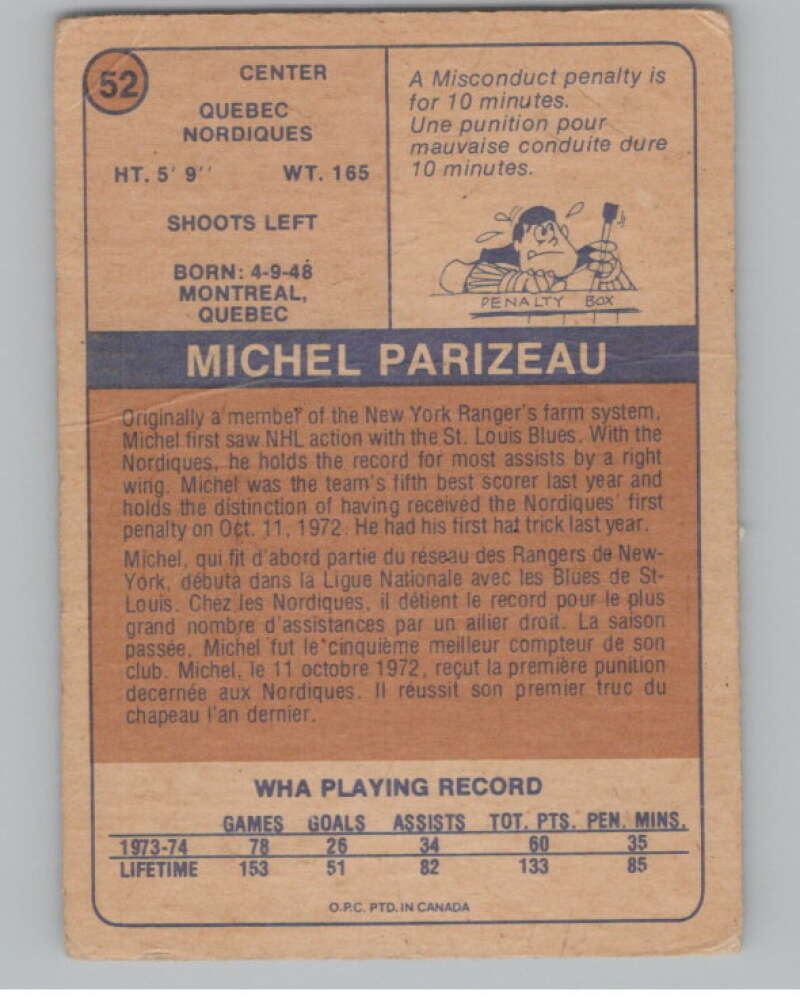 1974-75 O-Pee-Chee WHA #52 Michel Parizeau Quebec Nordiques  V104142 Image 2