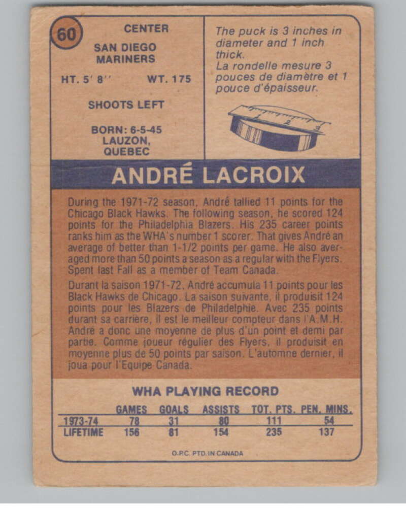 1974-75 O-Pee-Chee WHA #60 Andre Lacroix  San Diego Mariners  V104143 Image 2