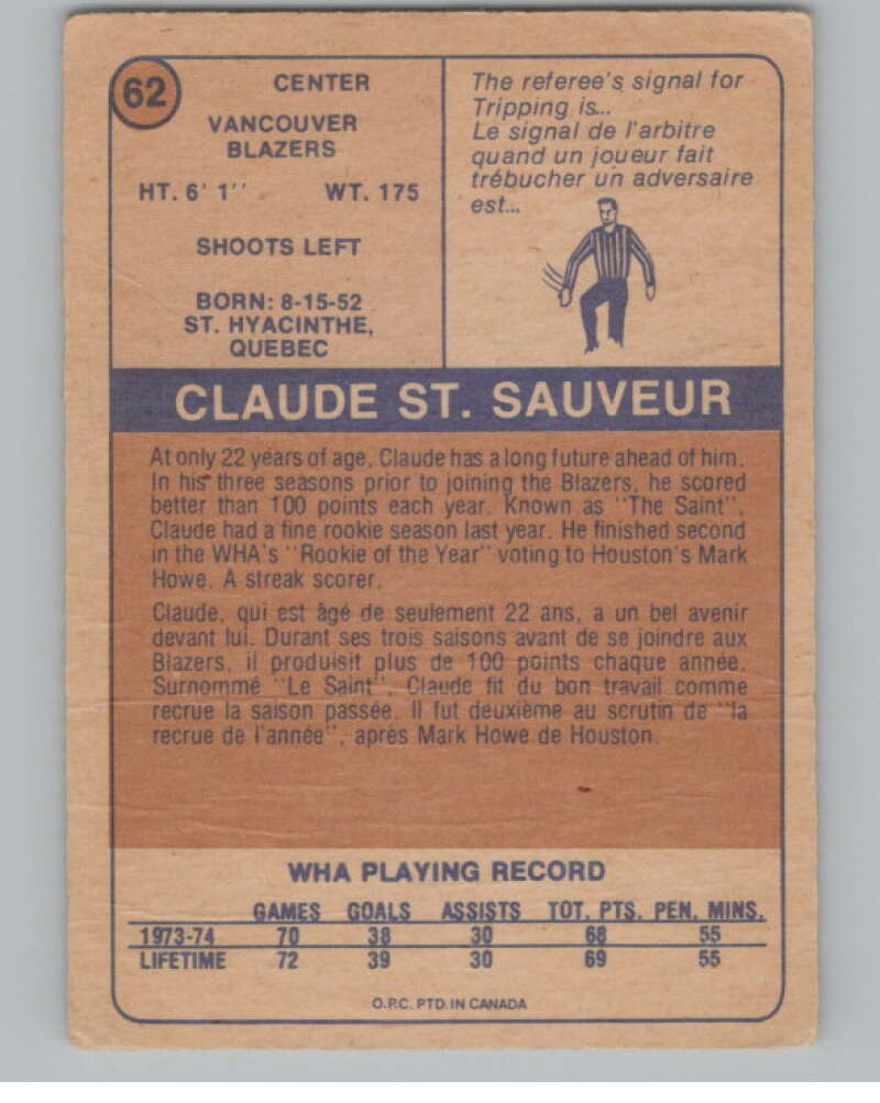 1974-75 O-Pee-Chee WHA #62 Claude St. Sauveur RC Rookie Blazers  V104144 Image 2