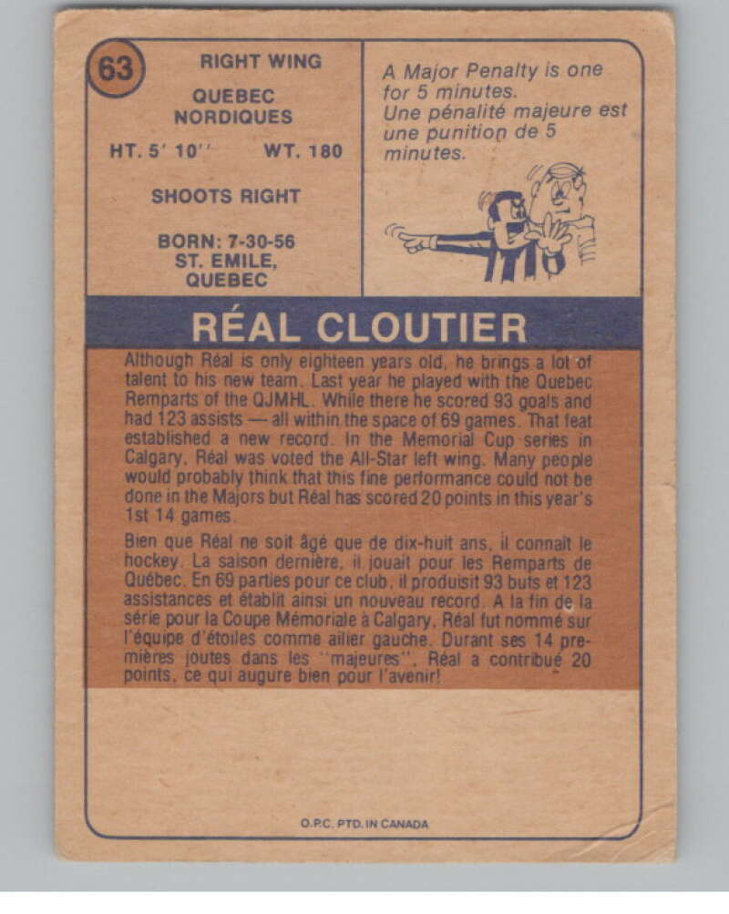 1974-75 O-Pee-Chee WHA #63 Real Cloutier  RC Rookie Quebec Nordiques  V104145 Image 2