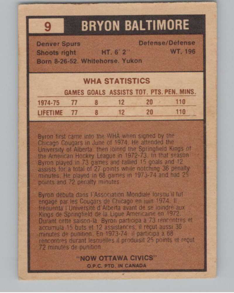 1975-76 O-Pee-Chee WHA #9 Bryon Baltimore  RC Rookie Ottawa Civics  V104146 Image 2