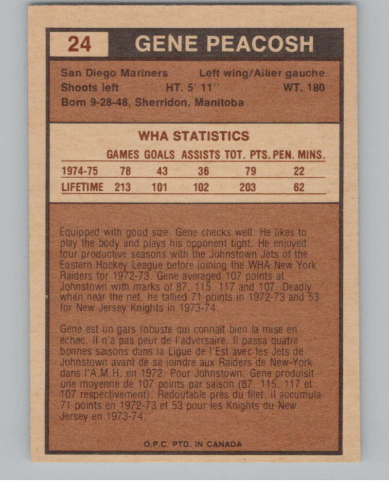 1975-76 O-Pee-Chee WHA #24 Gene Peacosh  San Diego Mariners  V104147 Image 2