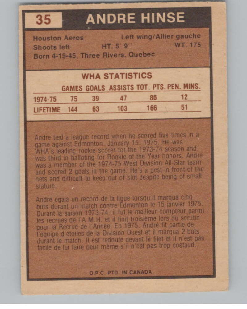1975-76 O-Pee-Chee WHA #35 Andre Hinse  RC Rookie Houston Aeros  V104148 Image 2