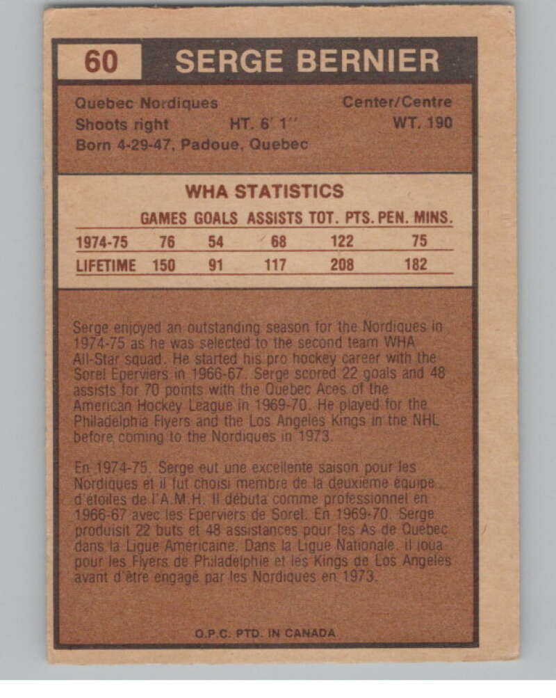 1975-76 O-Pee-Chee WHA #60 Serge Bernier  Quebec Nordiques  V104151 Image 2