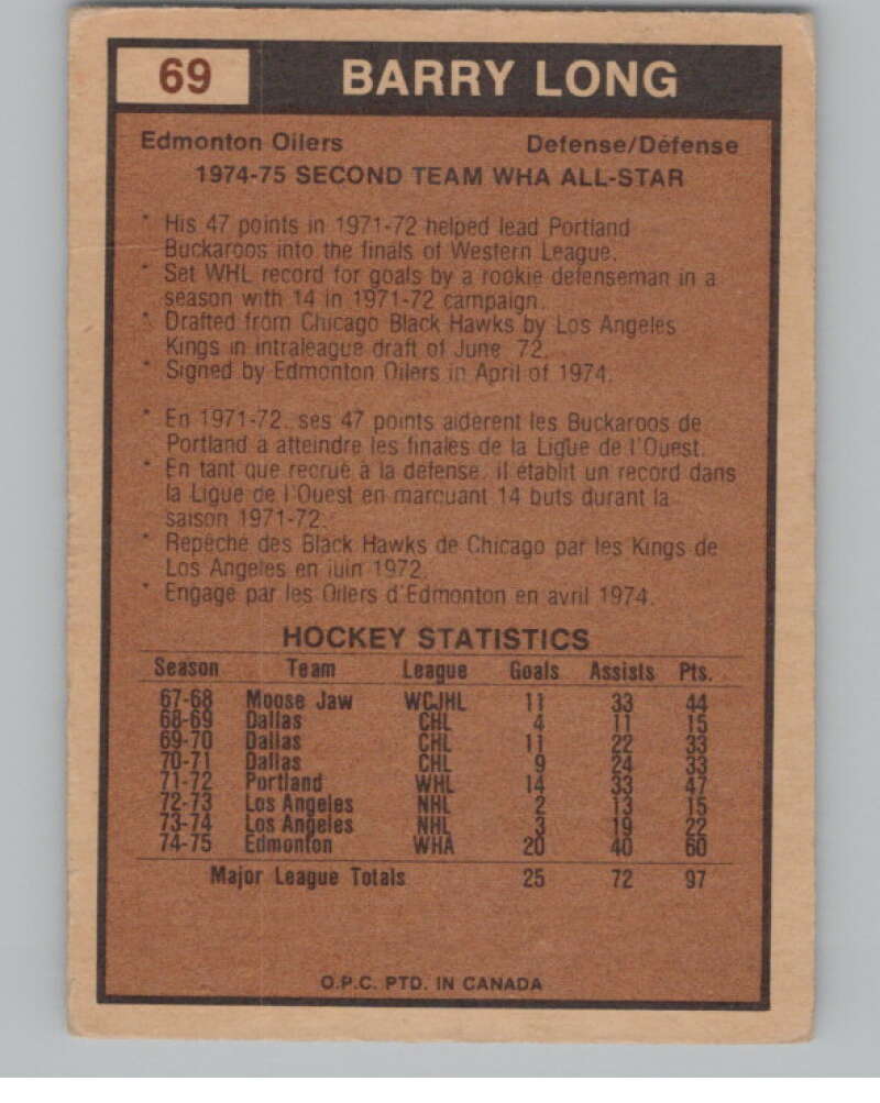 1975-76 O-Pee-Chee WHA #69 Barry Long AS  Edmonton Oilers  V104152 Image 2