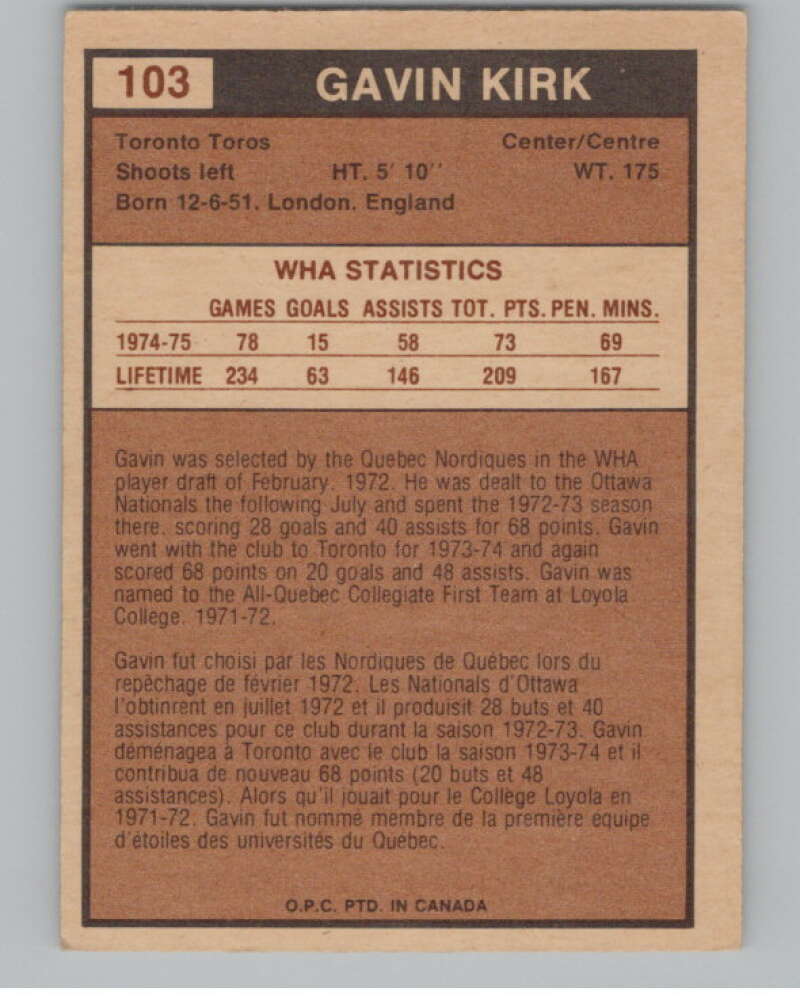 1975-76 O-Pee-Chee WHA #103 Gavin Kirk  RC Rookie Toronto Toros  V104155 Image 2