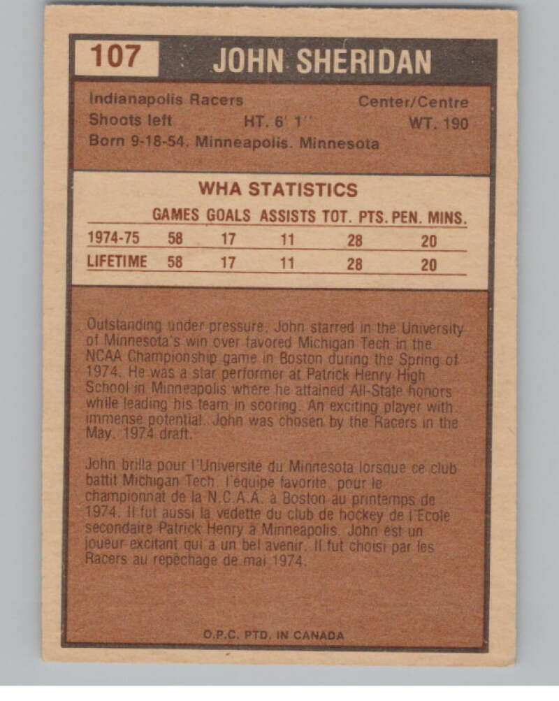 1975-76 O-Pee-Chee WHA #107 John Sheridan  RC Rookie Racers  V104156 Image 2