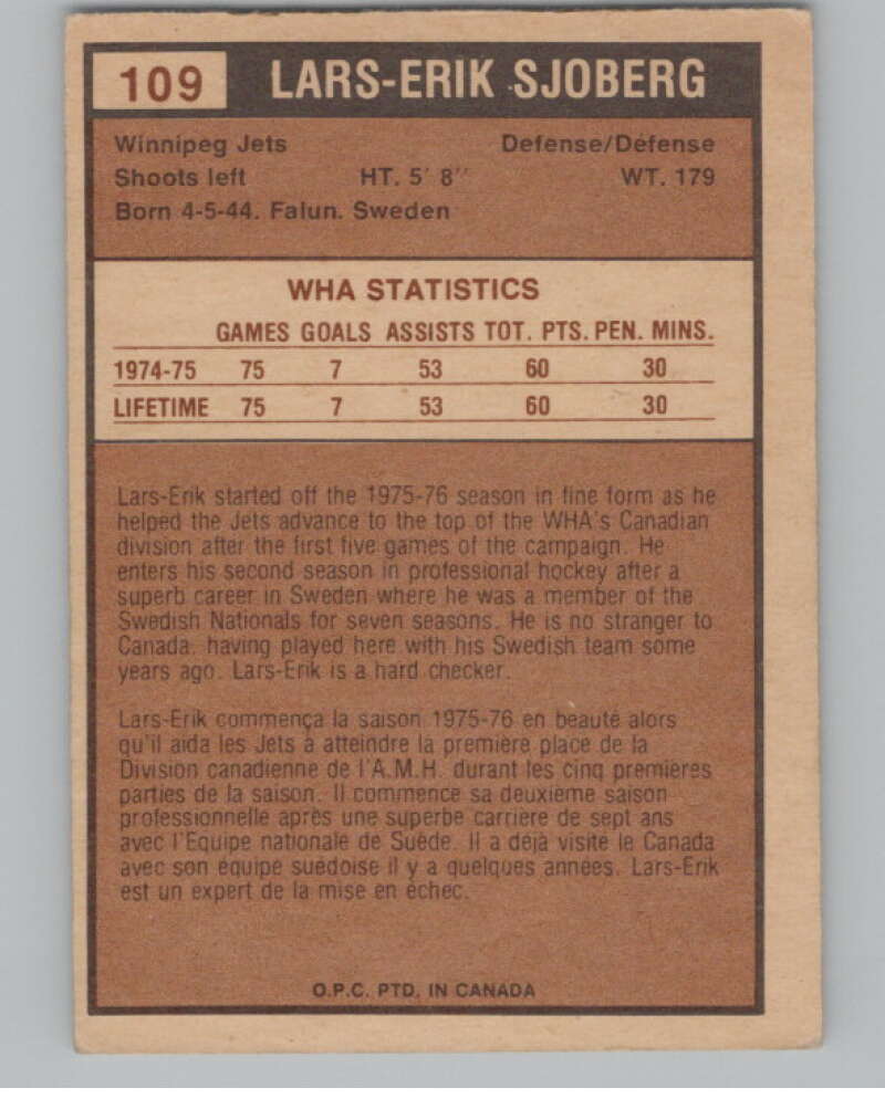 1975-76 O-Pee-Chee WHA #109 Lars-Erik Sjoberg  Winnipeg Jets  V104157 Image 2