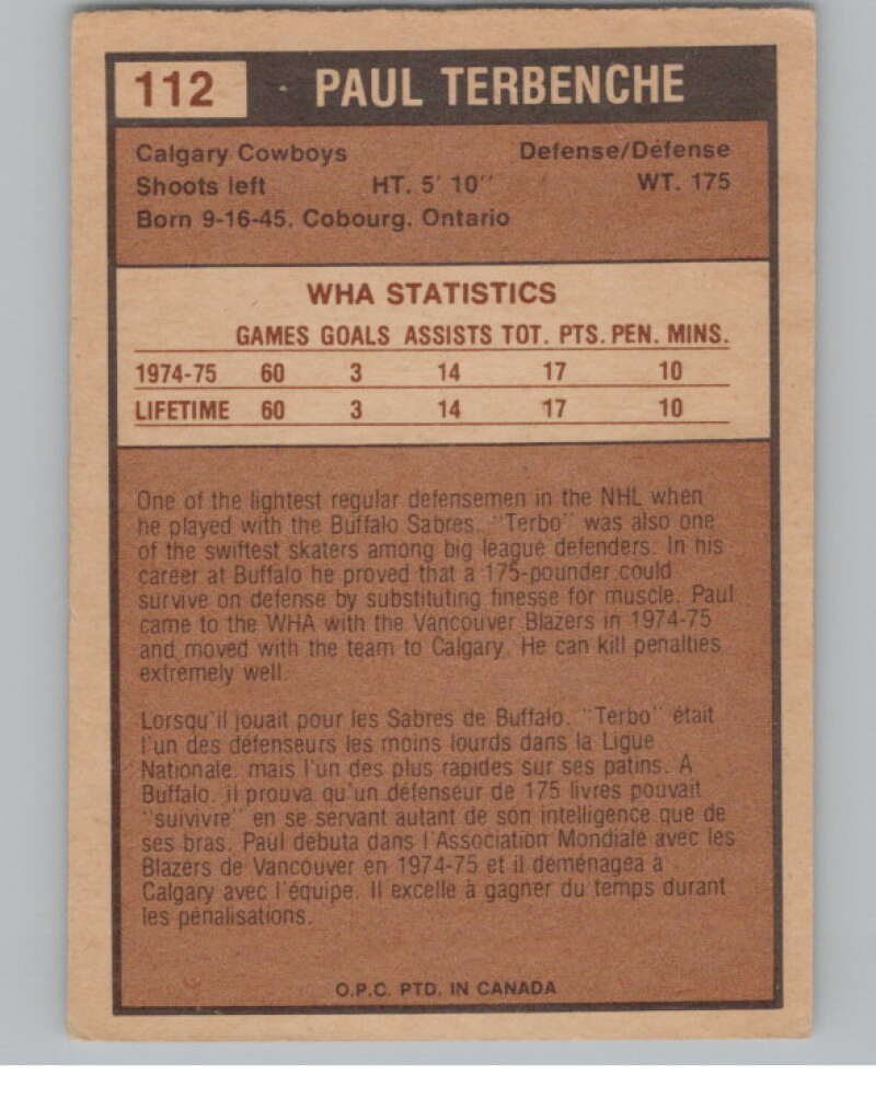 1975-76 O-Pee-Chee WHA #112 Paul Terbenche  Calgary Cowboys  V104158 Image 2