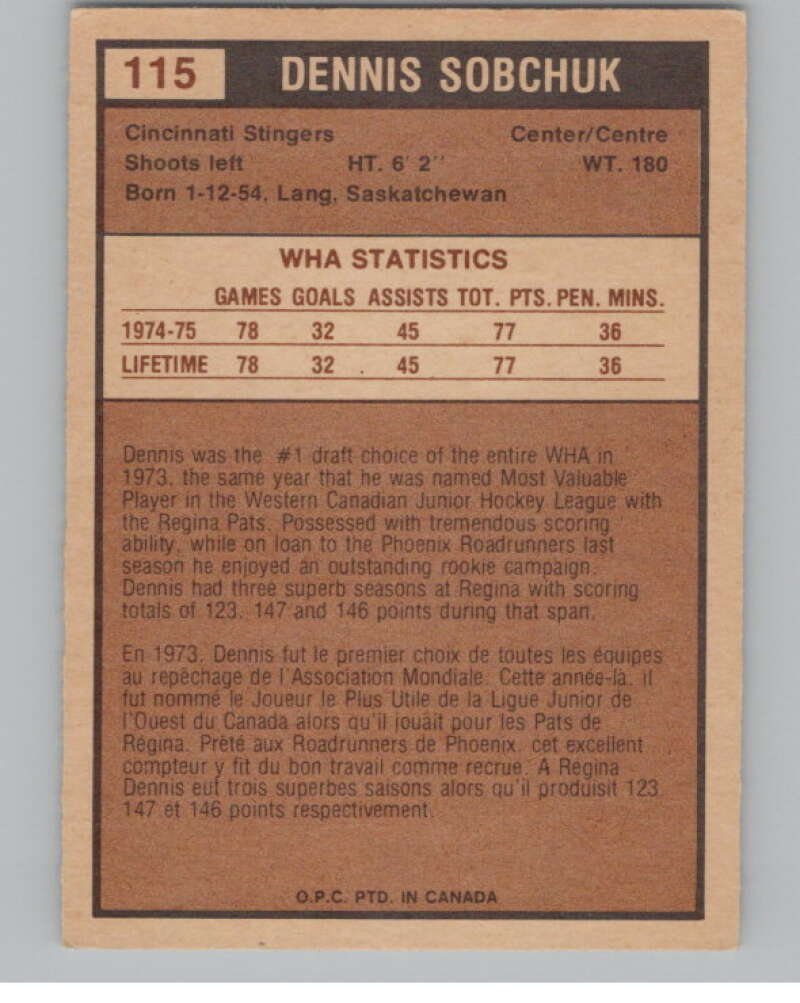 1975-76 O-Pee-Chee WHA #115 Dennis Sobchuk  Cincinnati Stingers  V104159 Image 2