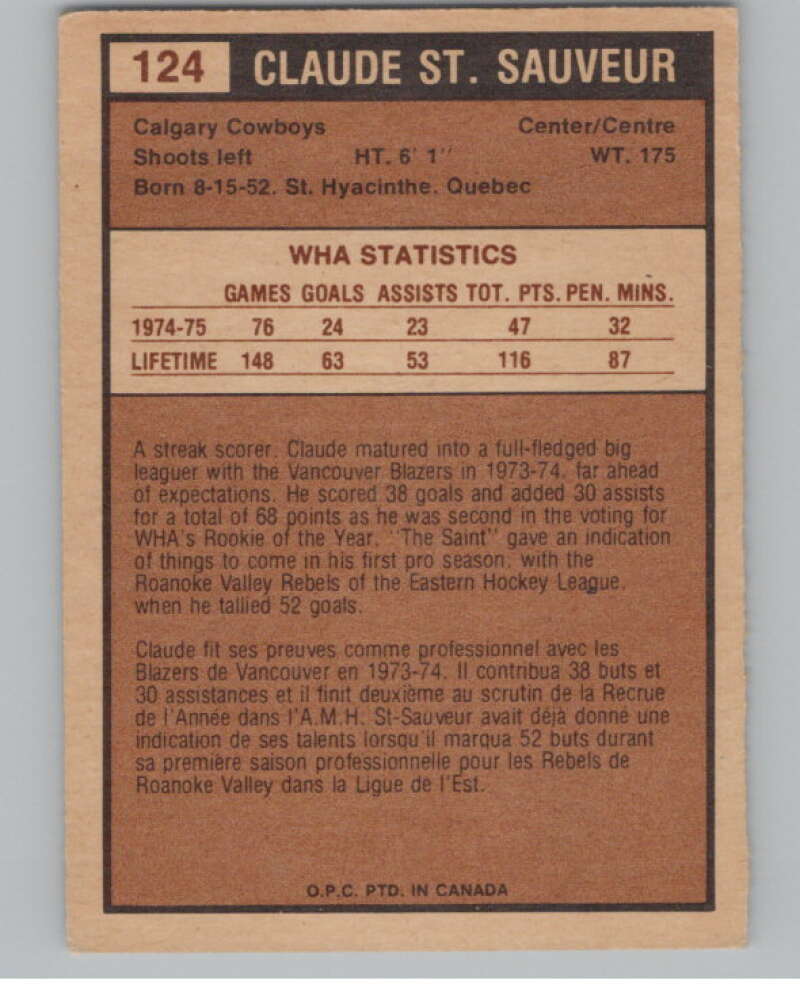 1975-76 O-Pee-Chee WHA #124 Claude St. Sauveur Calgary  V104160 Image 2