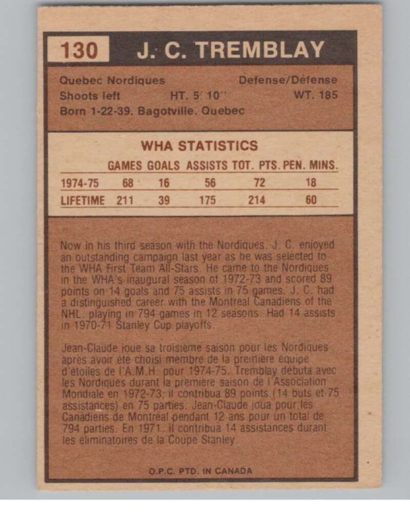 1975-76 O-Pee-Chee WHA #130 J.C. Tremblay  Quebec Nordiques  V104161 Image 2