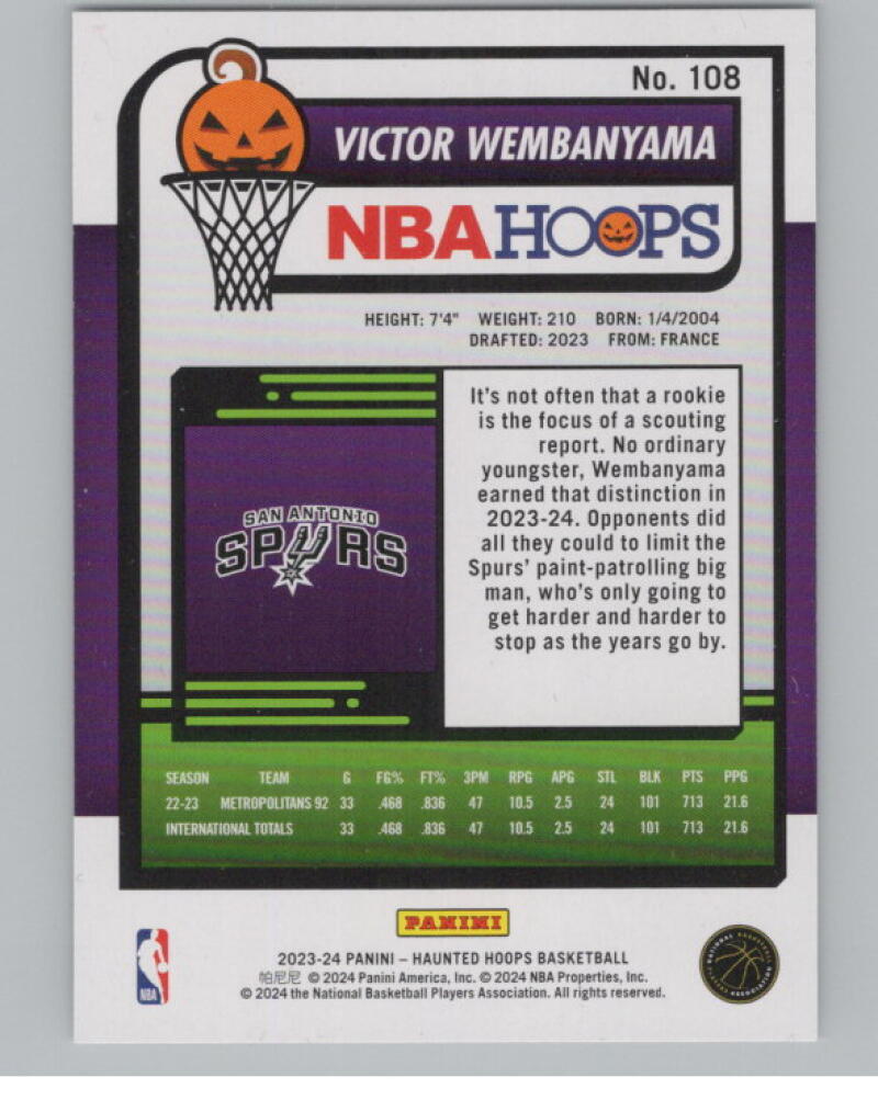 2023-24 Hoops Haunted Hoops #108 Victor Wembanyama Rookie V104194 Image 2