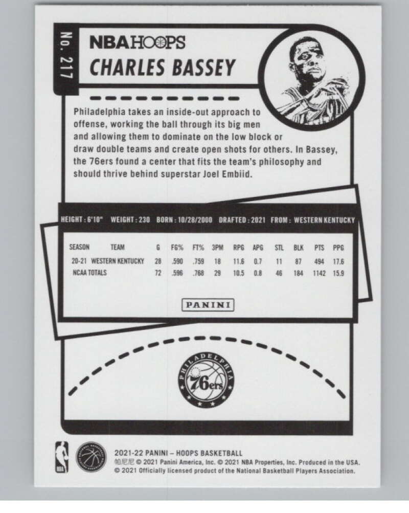 2021-22 Panini Hoops #217 Charles Bassey  RC Rookie Philadelphia 76ers  V104205 Image 2
