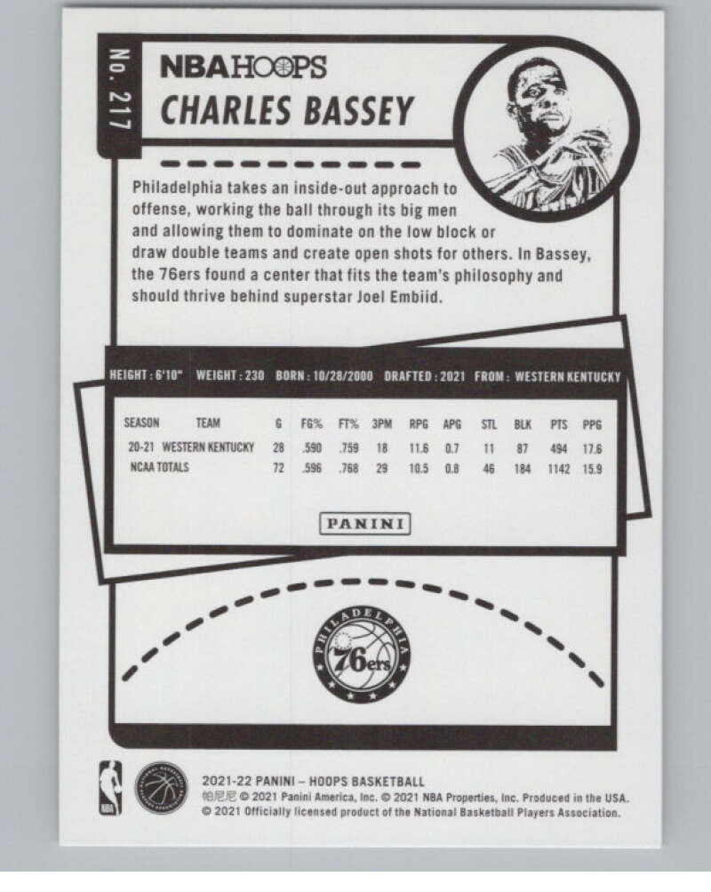 2021-22 Panini Hoops #217 Charles Bassey  RC Rookie Philadelphia 76ers  V104206 Image 2
