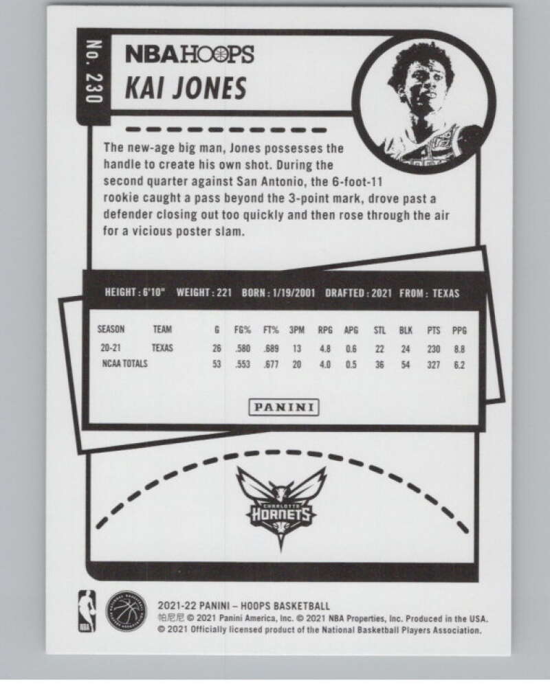 2021-22 Panini Hoops #230 Kai Jones  RC Rookie Charlotte Hornets  V104209 Image 2