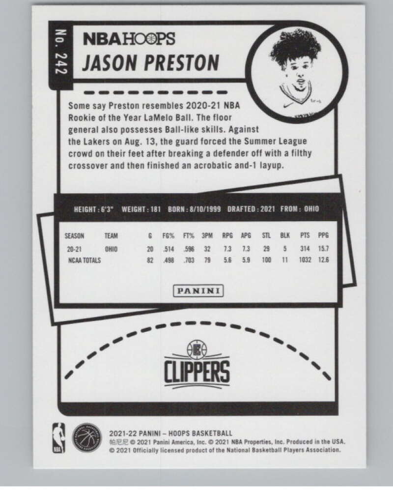 2021-22 Panini Hoops #242 Jason Preston  RC Rookie Los Angeles Clippers  V104215 Image 2