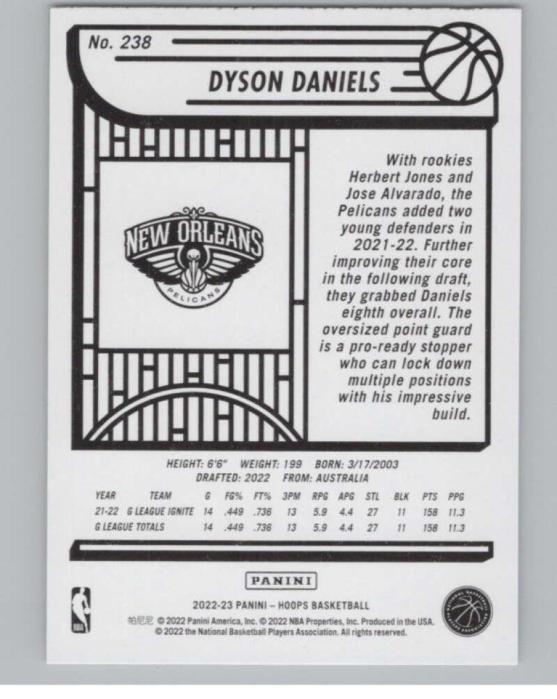 2022-23 Panini NBA Hoops #238 Dyson Daniels  RC Rookie Pelicans  V104220 Image 2