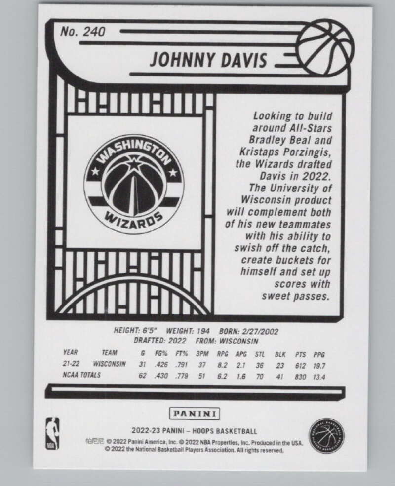 2022-23 Panini NBA Hoops #240 Johnny Davis  RC Rookie Wizards  V104221 Image 2