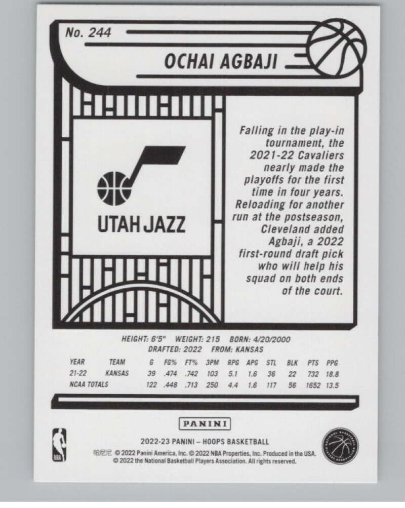 2022-23 Panini NBA Hoops Yellow #244 Ochai Agbaji  RC Rookie Utah Jazz  V104222 Image 2