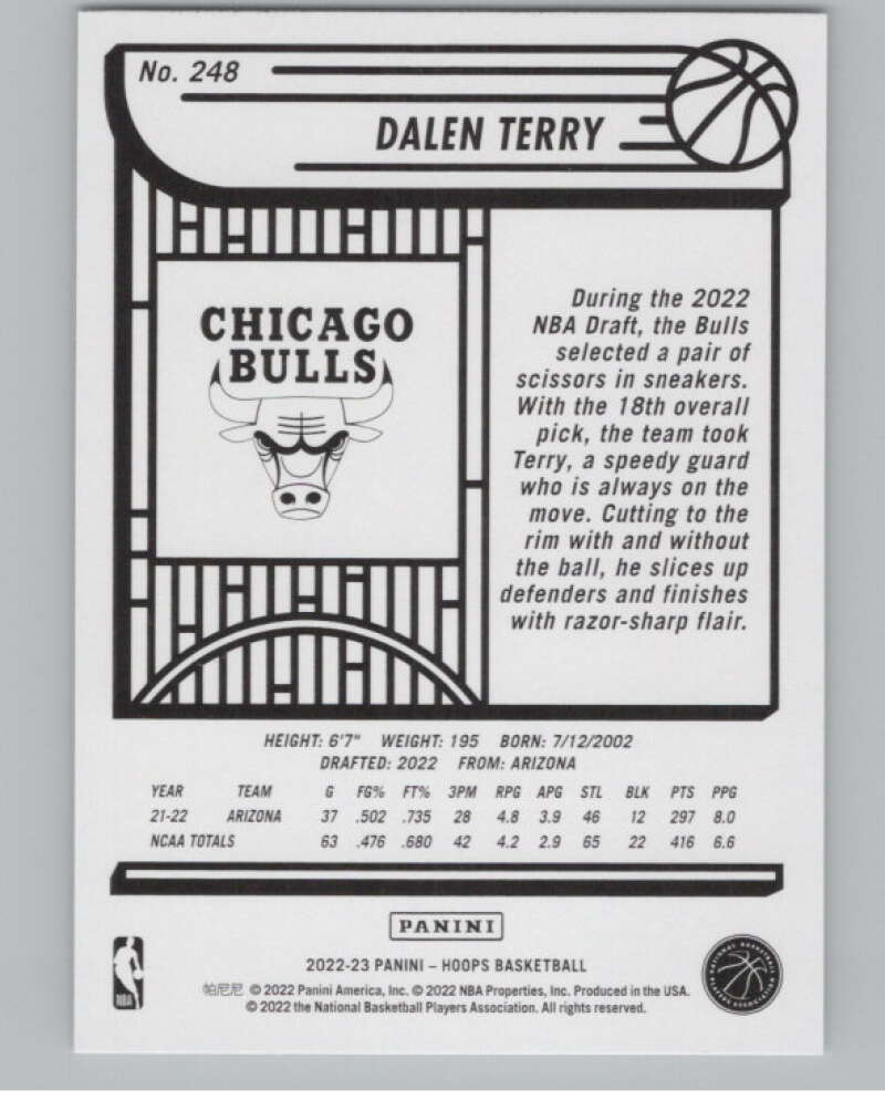 2022-23 Panini NBA Hoops #248 Dalen Terry RC Rookie Bulls  V104224 Image 2