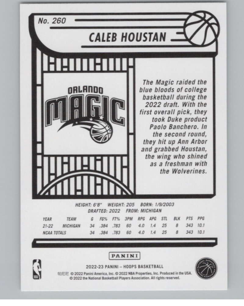 2022-23 Panini NBA Hoops #260 Caleb Houstan  RC Rookie Orlando Magic  V104225 Image 2