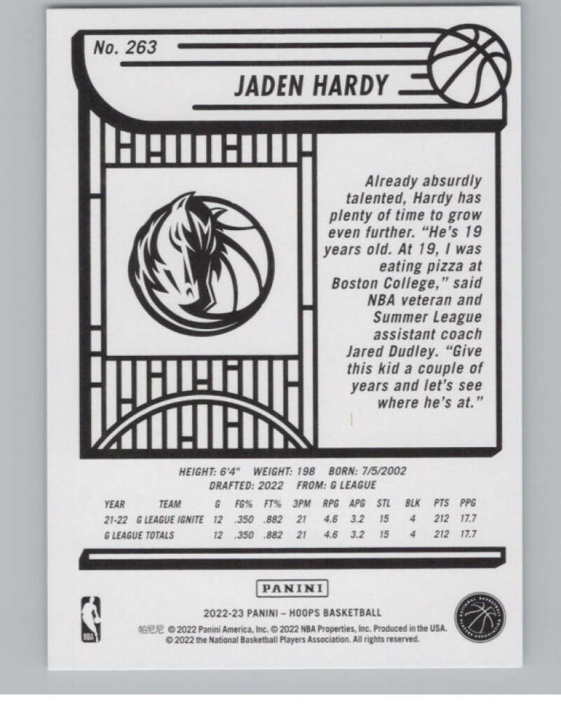 2022-23 Panini NBA Hoops #263 Jaden Hardy  RC Rookie Dallas Mavericks  V104226 Image 2