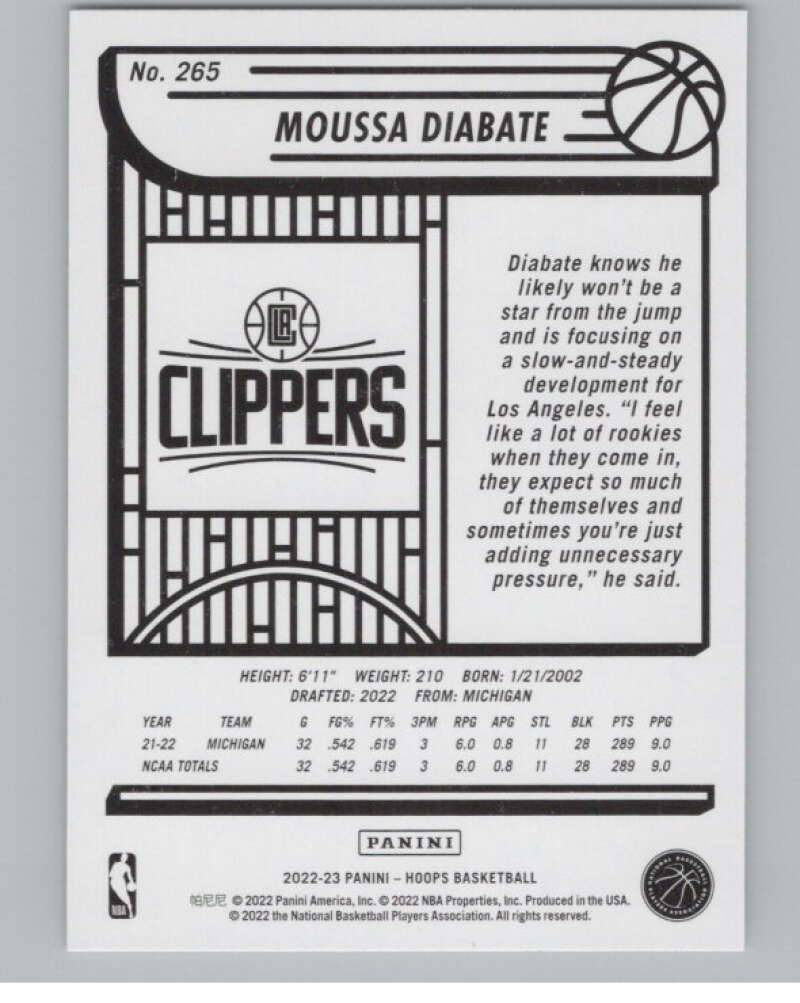 2022-23 Panini NBA Hoops #265 Moussa Diabate RC Rookie LA Clippers  V104227 Image 2