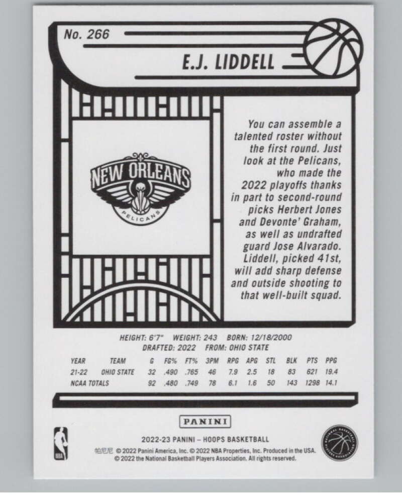 2022-23 Panini NBA Hoops #266 E.J. Liddell  RC Rookie Pelicans  V104228 Image 2