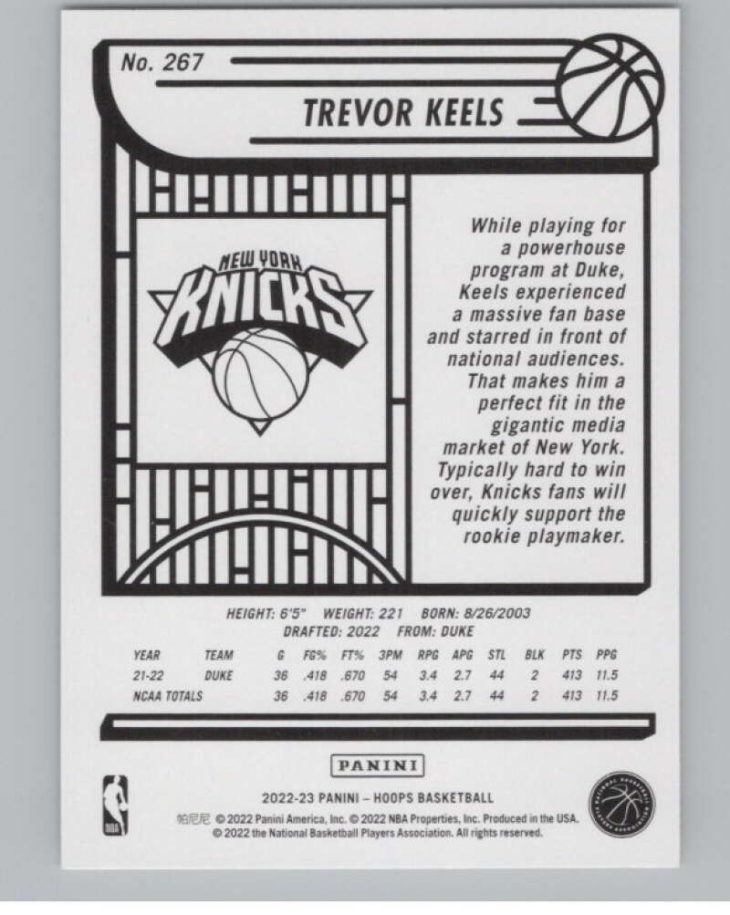2022-23 Panini NBA Hoops #267 Trevor Keels  RC Rookie New York Knicks  V104229 Image 2