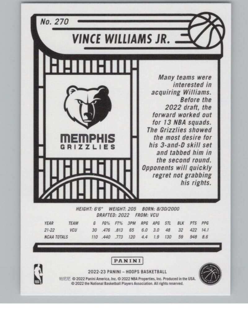 2022-23 Panini NBA Hoops #270 Vince Williams Jr. RC Rookie Grizzlies  V104230 Image 2