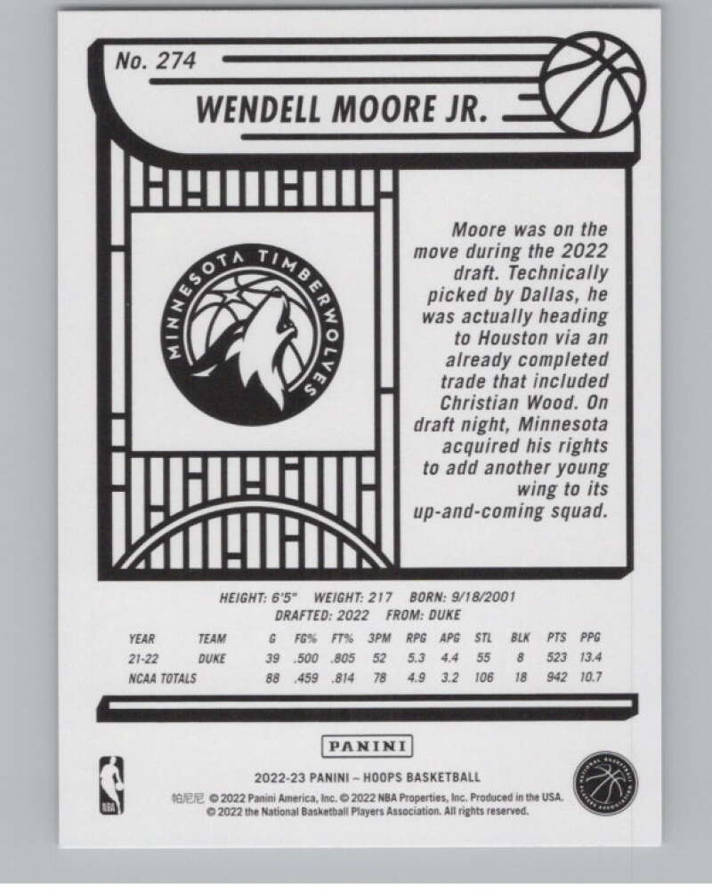 2022-23 Panini NBA Hoops #274 Wendell Moore Jr.  RC Rookie Minnesota  V104231 Image 2